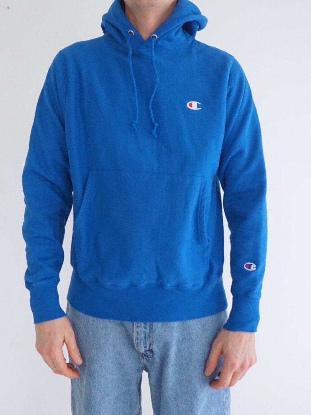 Champion Blue Small Logo Cotton Embroidered Reverse Weave Hooded Sweatshirt S